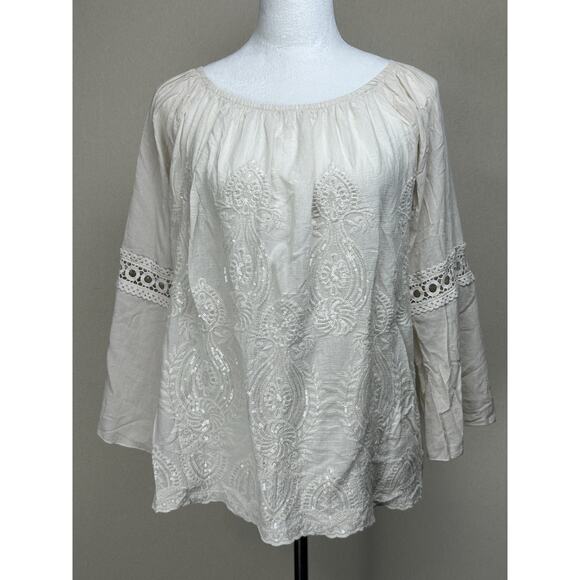 Kaktus Women’s Sz L Ivory Beige Sequins Embroidery Embellished Peasant Top - Picture 1 of 11